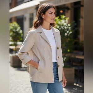 Women’s Striped Tan/White Cropped Sleeve Cotton Textured Collared Button Jacket